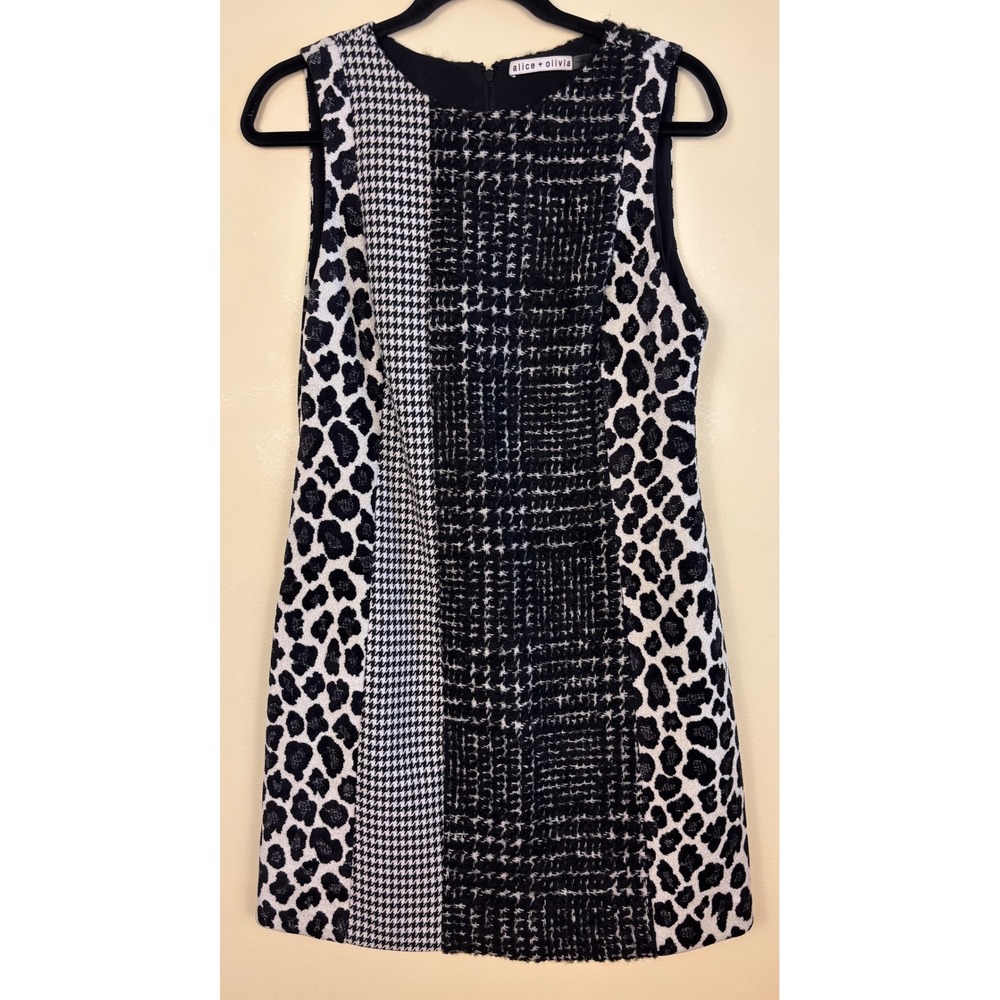 ALICE + OLIVIA Clyde Pattern Mix Wool Shift Dress Black/White Women Size 6 Tweed - Picture 2 of 11